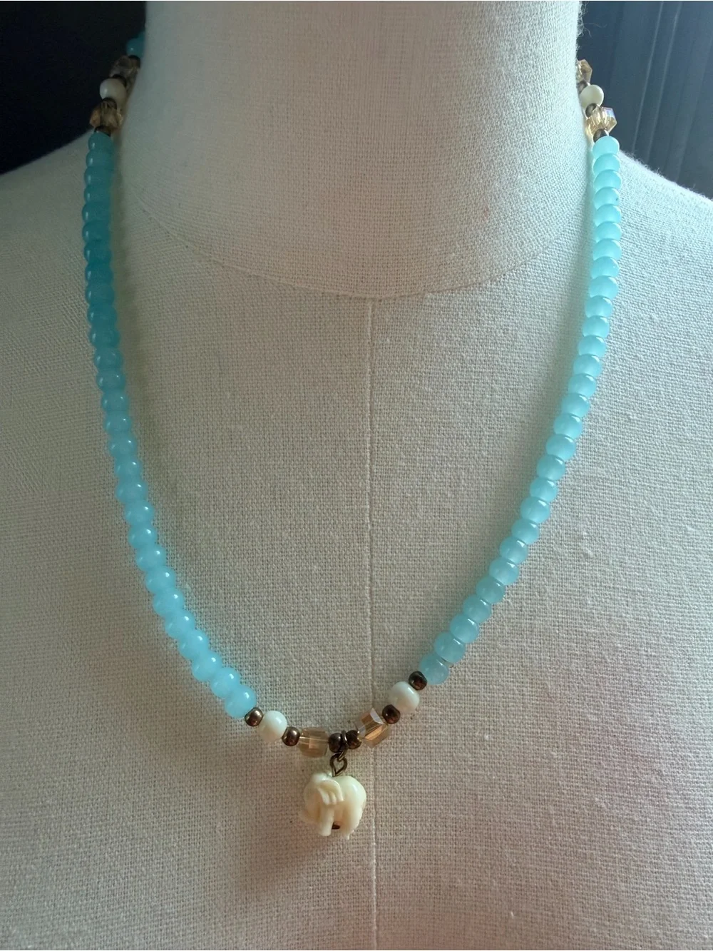 Turquoise Blue Glass Bead Necklace & Matching Earrings Set with Elephant Charm
